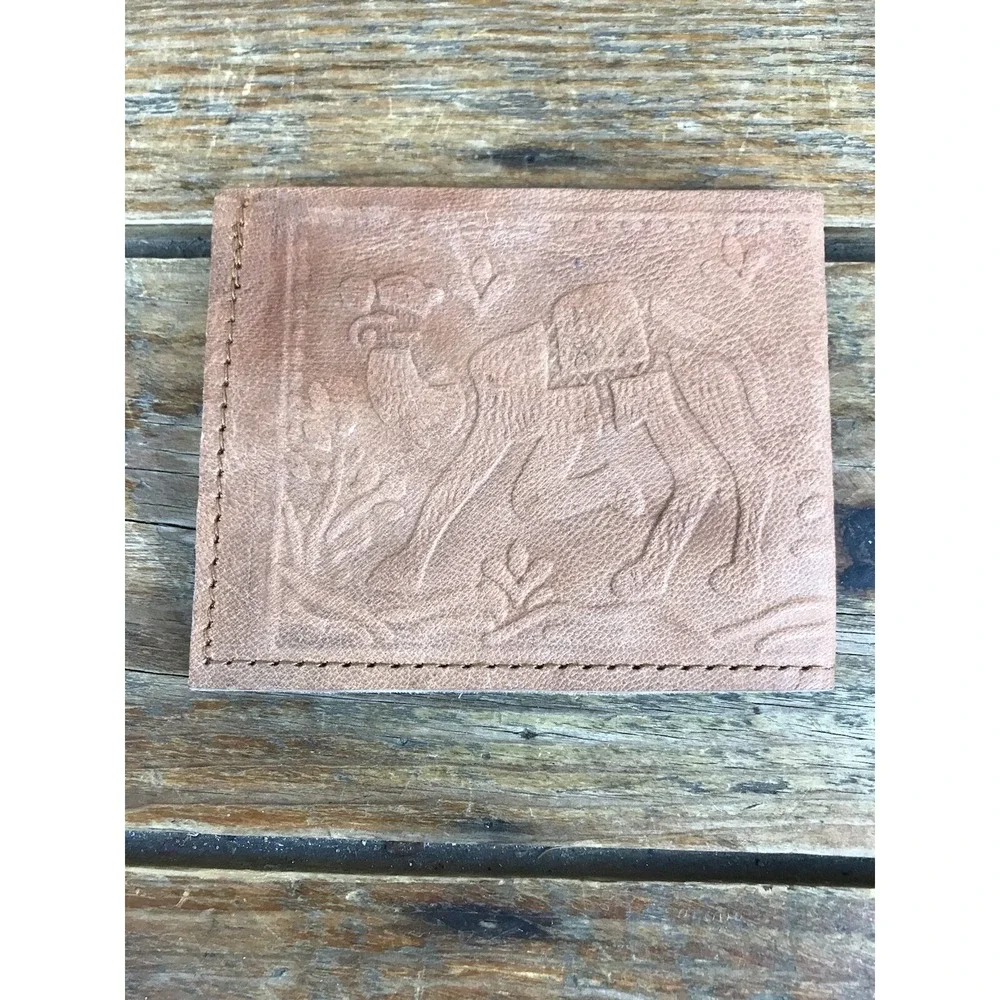 Vintage Handmade Hand Tooled Embossed Brown Leather Wallet Camel